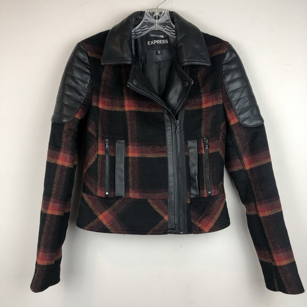 Express Moto Jacket Womens Plaid Wool Blend Full Zip Lined Sz XXS Faux Leather